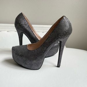 SILVER BLACK MESH COVERED PLATFORM HEELS METALLIC SHOE PUMPS